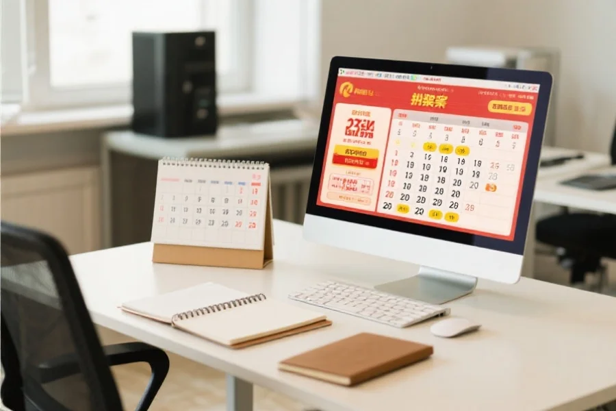 一张办公桌上摆放着日历、笔记本和一台正在显示开奖信息的电脑屏幕,体现关注开奖日程的场景